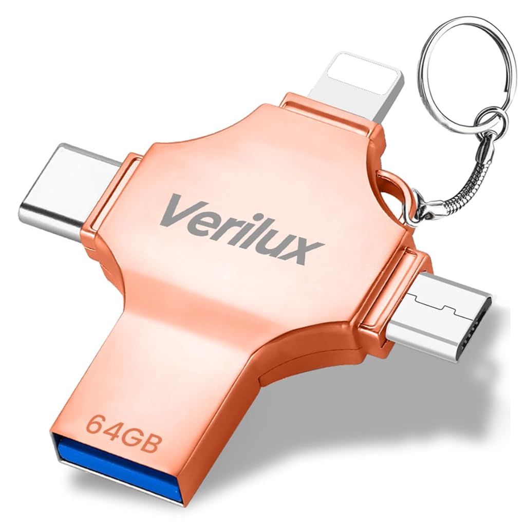 Verilux 4 in 1 Flash Drive 64GB USB Flash Drive with Lightning, Micro, USB, Type-C Interface, Mini Hangable Flash Drive Compatible with Phone, Pad, Android, PC and More Devices (Rose Golden) Verilux 4 in 1 Flash Drive 64GB USB Flash Drive with Lightning, Micro, USB, Type-C Interface, Mini Hangable Flash Drive Compatible with Phone, Pad, Android, PC and More Devices (Rose Golden)